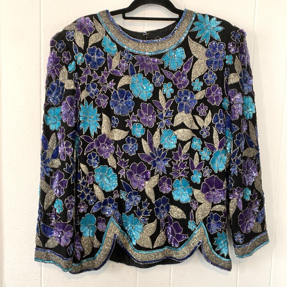 Vtg Marshall Field Womens 1XL‎ Shirt Top Heavily Beaded Sequins 100% Silk Blue